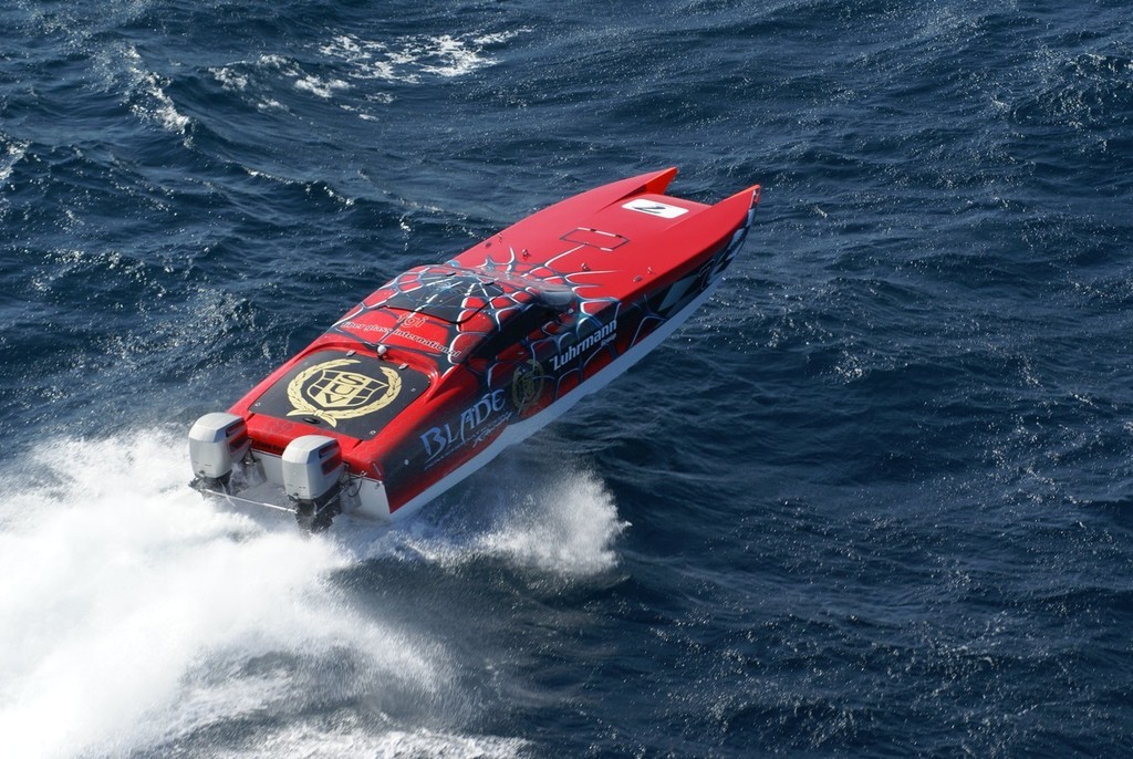 The beautifully-prepared Supercat Outboard rig, ’Blade Custom Boats’, currently sharing second place in the class with ’Saracen.’  © Bob Wonders